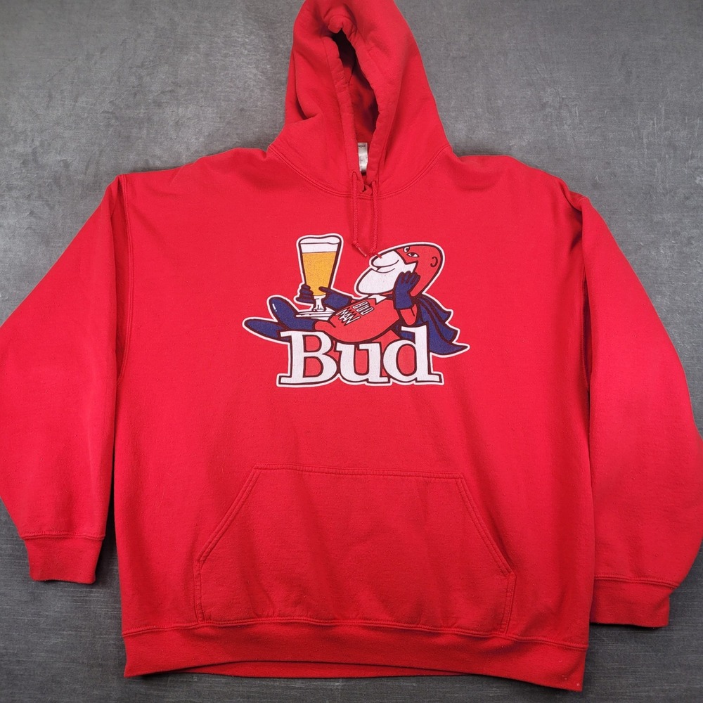 Gildan‎ Bud Man Budweiser Beer Superhero Graphic Hoodie Red Mens 2XL XXL
